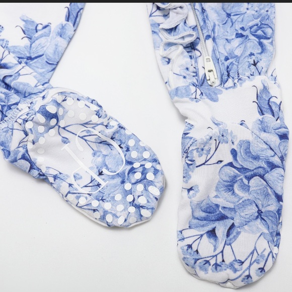 Blue floral Bamboo Footies with anti-slip grips. Multiple sizes - Picture 4 of 5